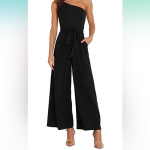 Dressy One Shoulder Sleeveless Tie Waist Backless Casual Wide Leg Jumpsuit